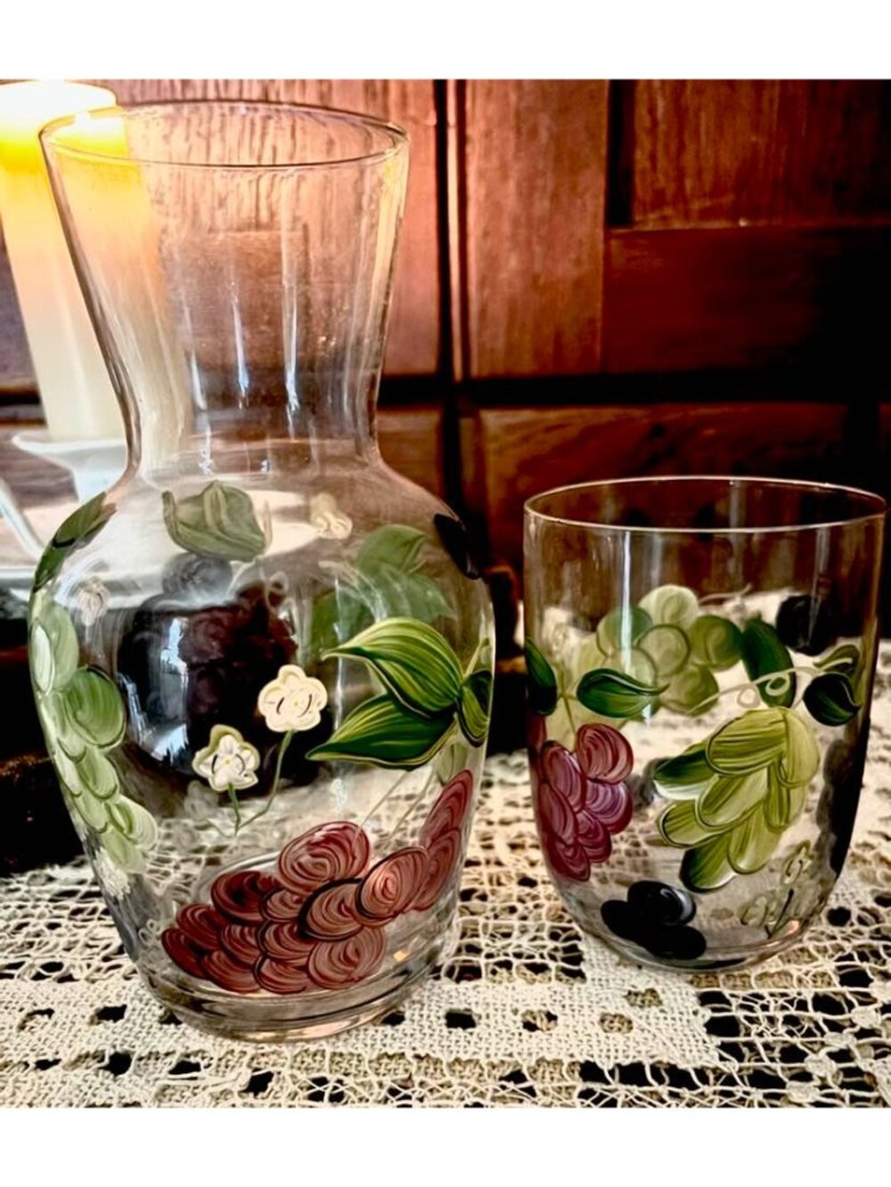 Vintage Hand Painted Tumble Up Set, Bedside Water Carafe with Glass Lid, Cottage - Picture 9 of 10
